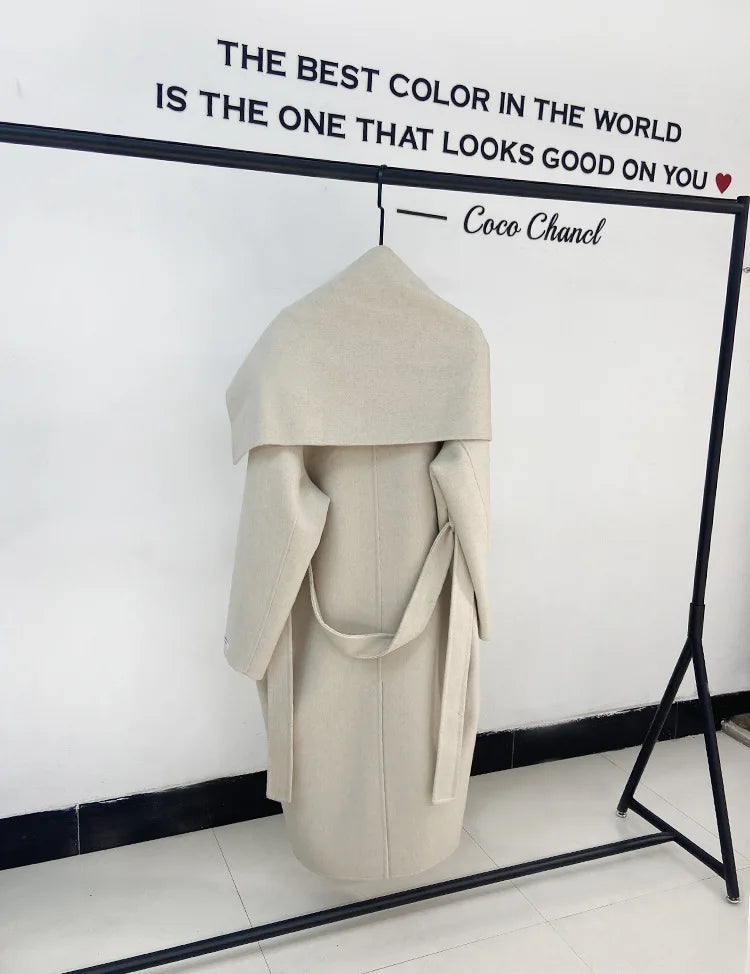 New Hand-sewn Cashmere Wool Coat Women New Mid-length Big Scarf Collar Loose Lace-up Warm Double-sided Wool Coat Fashion Winter