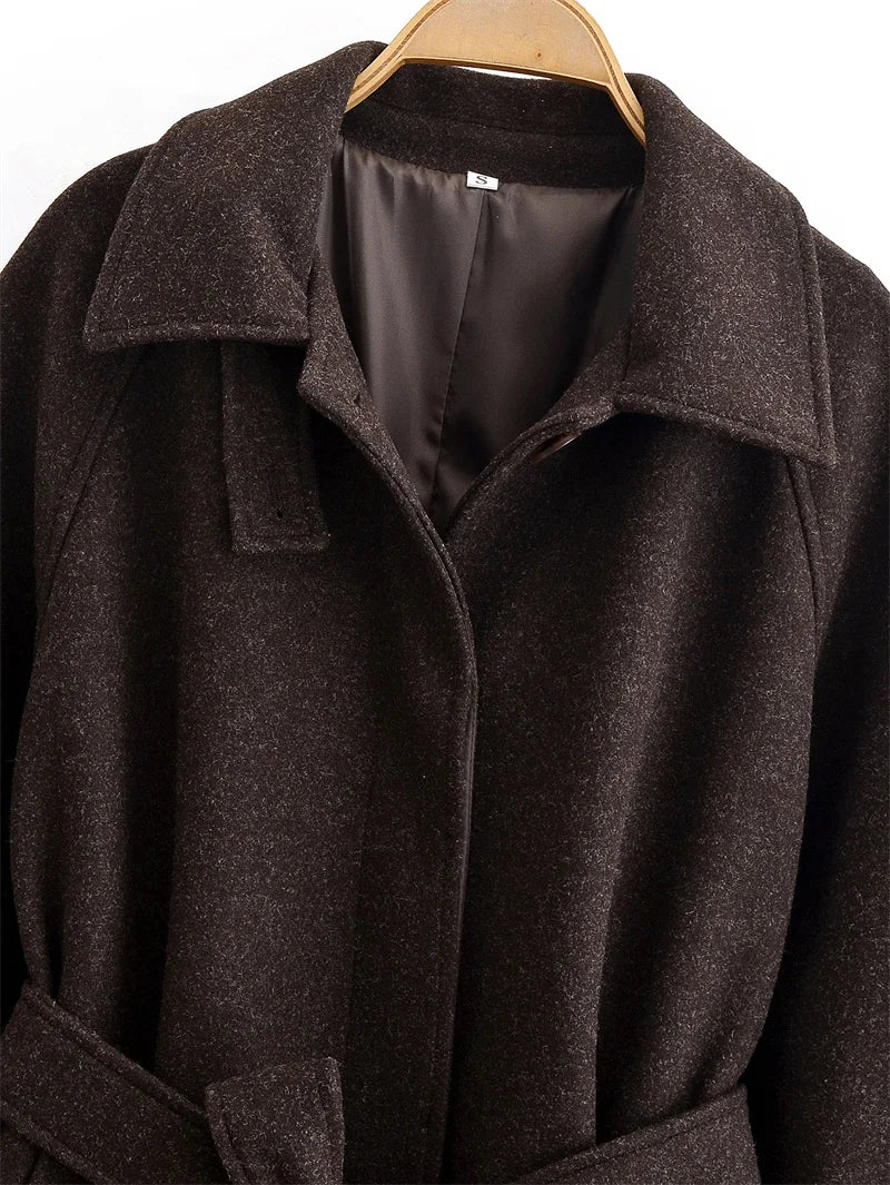 Women's Coat 2025 Winter New Style Dark Brown Long-Sleeve Belted Loose-Fit Long Woolen Coat Fashionable and Stylish