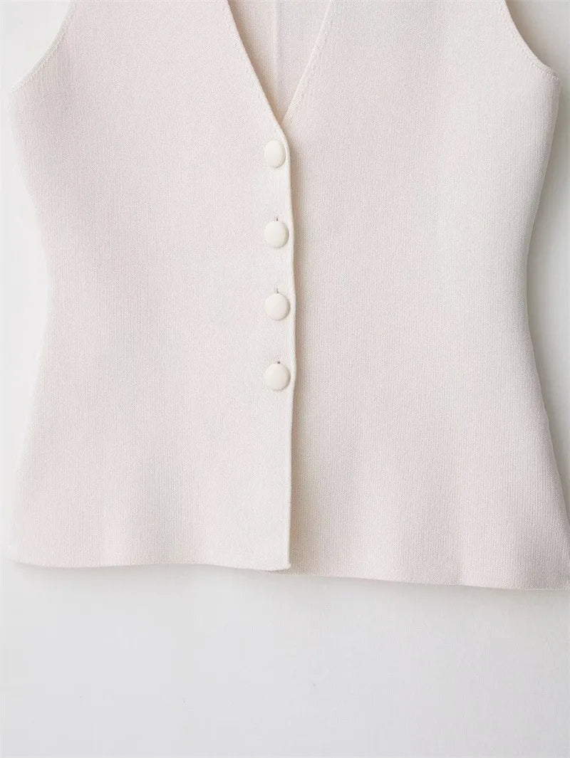 Chic Elegant Vests For Women 2025 Sleeveless V Neck Knitted Vests Sweater Summer Female Streetwear Casual Waistcoat Tops ﻿