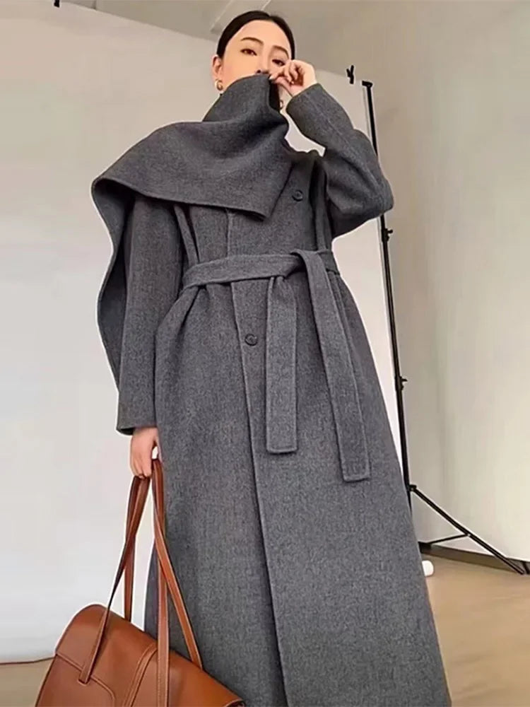 New Hand-sewn Cashmere Wool Coat Women New Mid-length Big Scarf Collar Loose Lace-up Warm Double-sided Wool Coat Fashion Winter