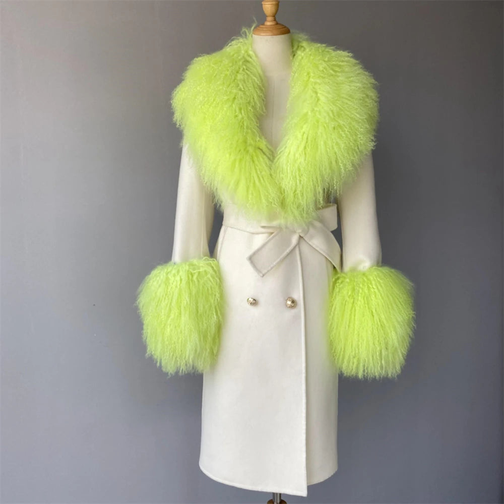 Women Cashmere Wool Coat With Real Mongolian Sheep Fur Collar  Ladies Autumn Winter Fashion Long Outwear Full Sleeve Fur Jacket