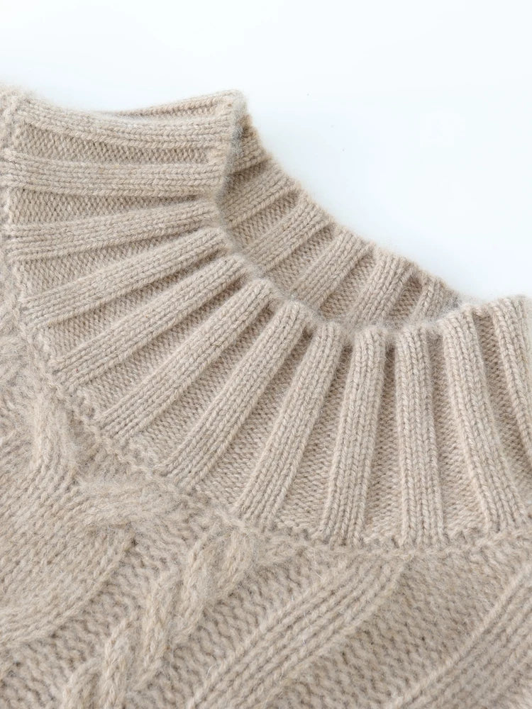 Women 100% Cashmere Sweater Mock Neck Pullover Cable Knitting Vintage Loose Style Thickened Cashmere Knitwear Autumn Winter Tops