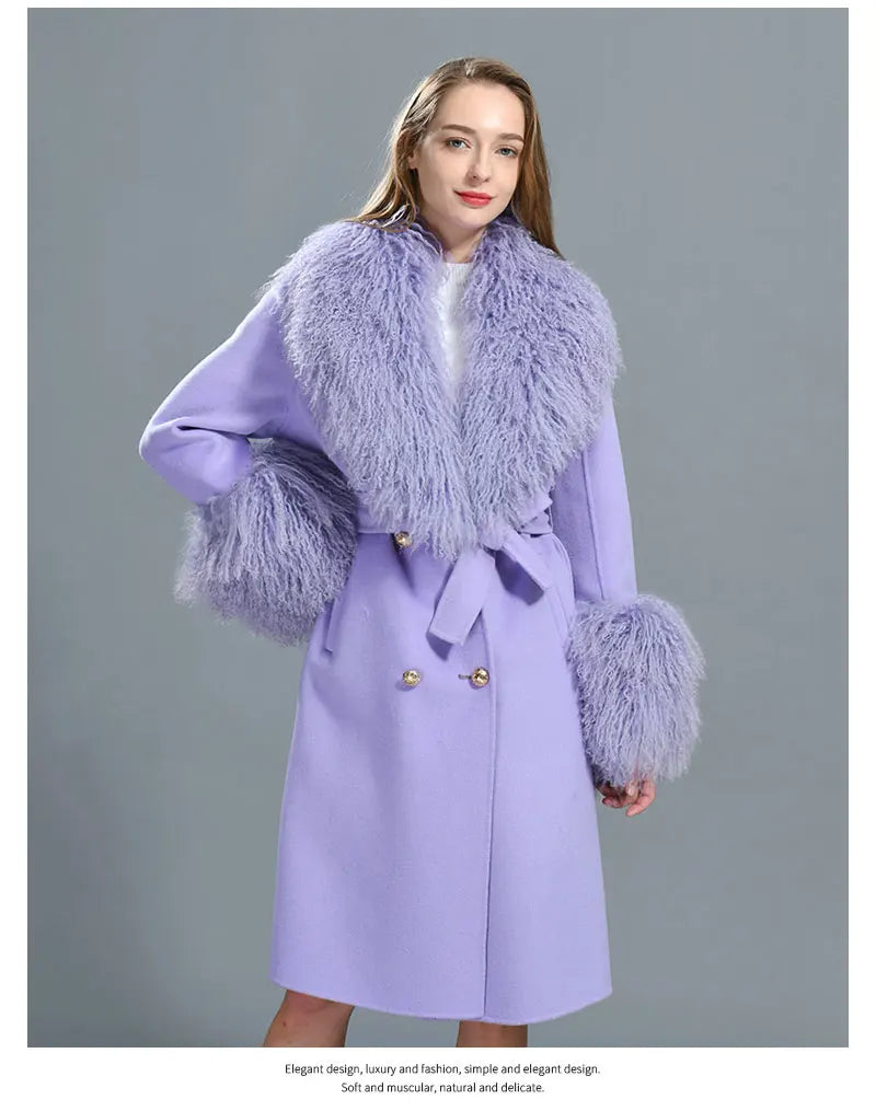 Women Cashmere Wool Coat With Real Mongolian Sheep Fur Collar  Ladies Autumn Winter Fashion Long Outwear Full Sleeve Fur Jacket