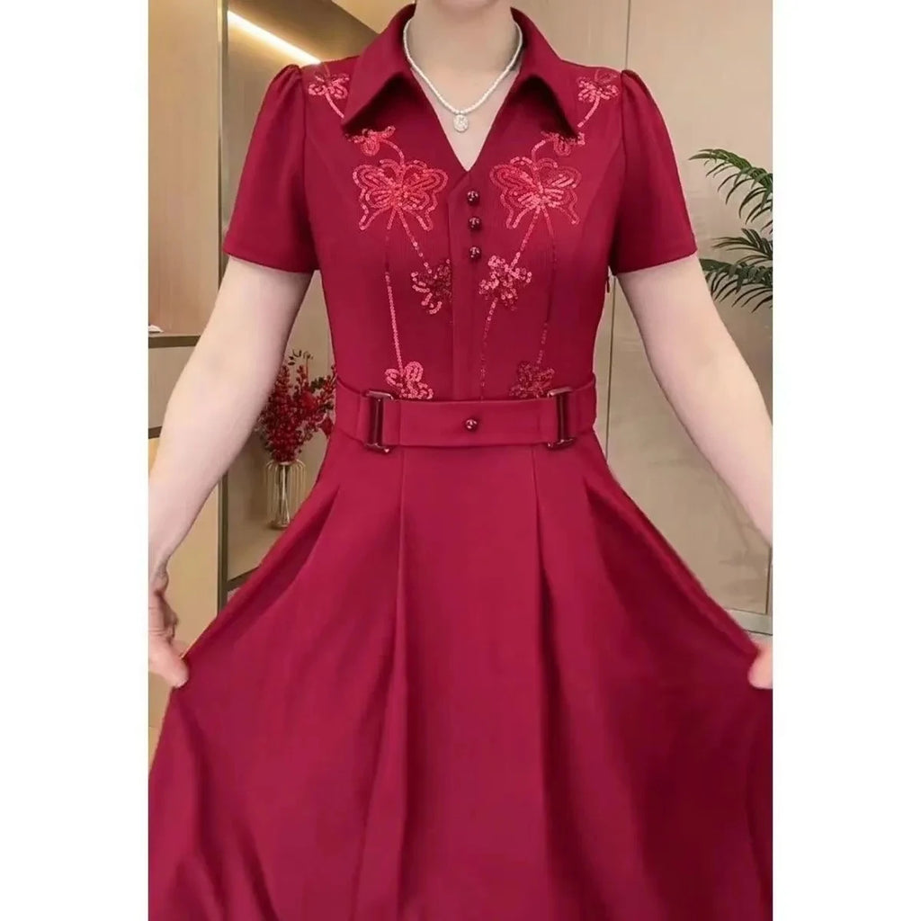 Women Western Style Dress Summer Spring New Fashion High-end Sequin Long Dresses Middle Aged Mother Elegant Slim Vestidos Mujer