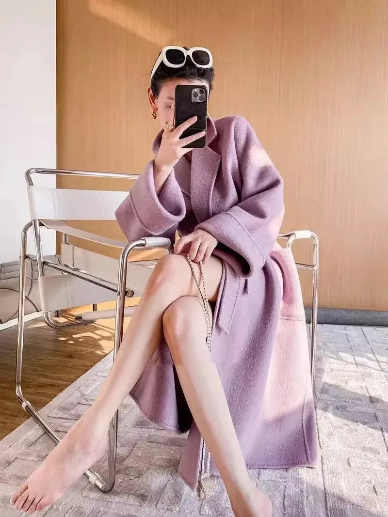 Purple Double-Sided Cashmere Coat For Women In Autumn And Winter, Fashionable And High-End, Loose And Medium Length Coat