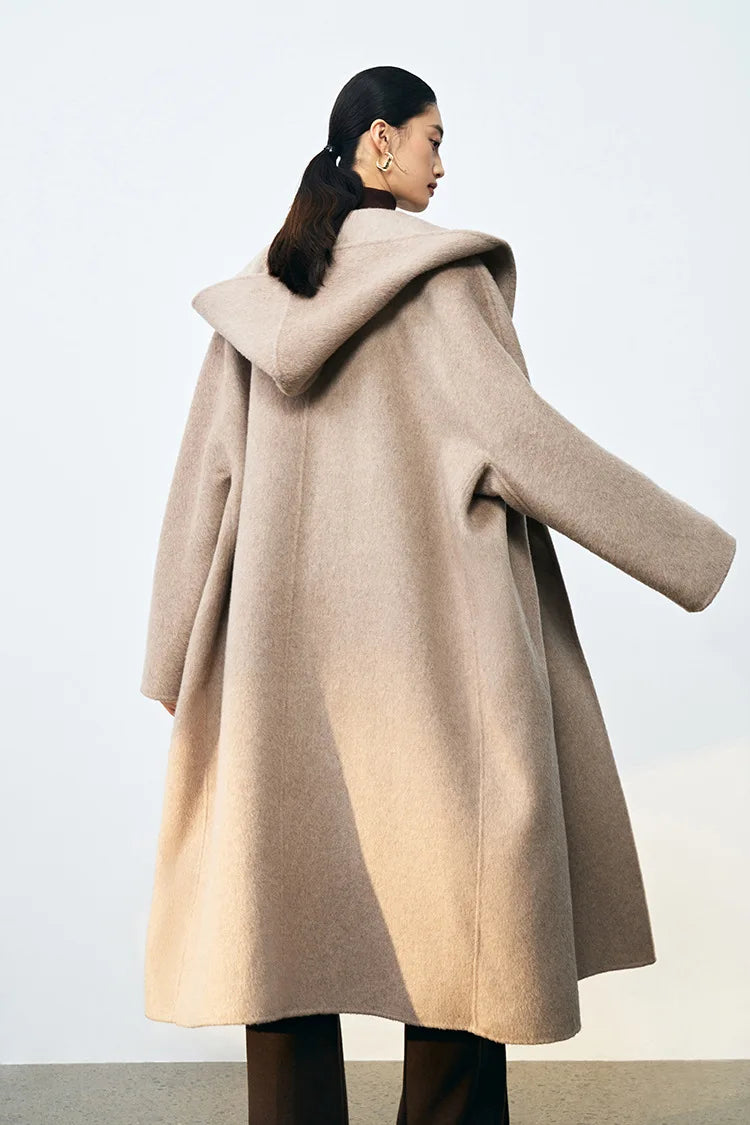 Office Lady Cashmere Woolen Jackets 2024 Autumn And Winter High-Grade Hooded Bathrobe Style Loose Lace-Up Long Women Wool Coats