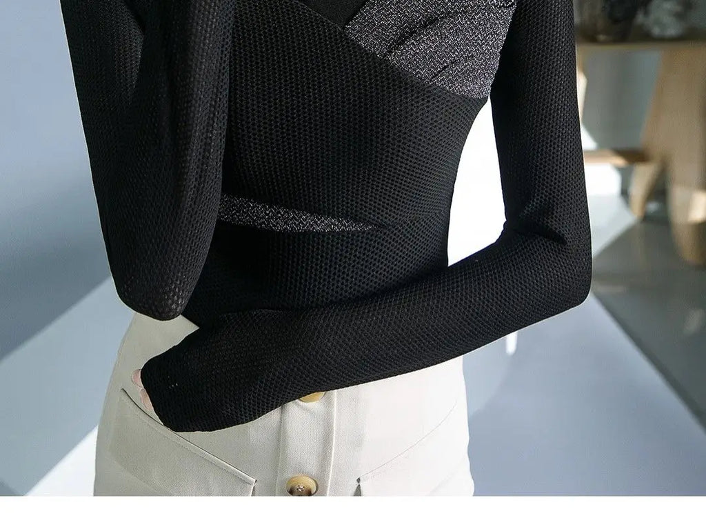 Women's Clothing Sexy See Through Mesh Patchwork Black Basic T-Shirts High Collar Elegant Chic Bright Silk Long Sleeve Slim Tops