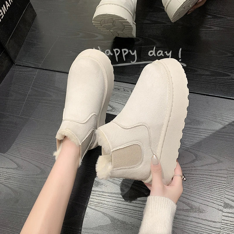 Winter Women Short Plush Warm Snow Boots Casual Shoes New Suede Fur Chelsea Ankle Boots Flats Platform Ladies Shoes Botas Mujer
