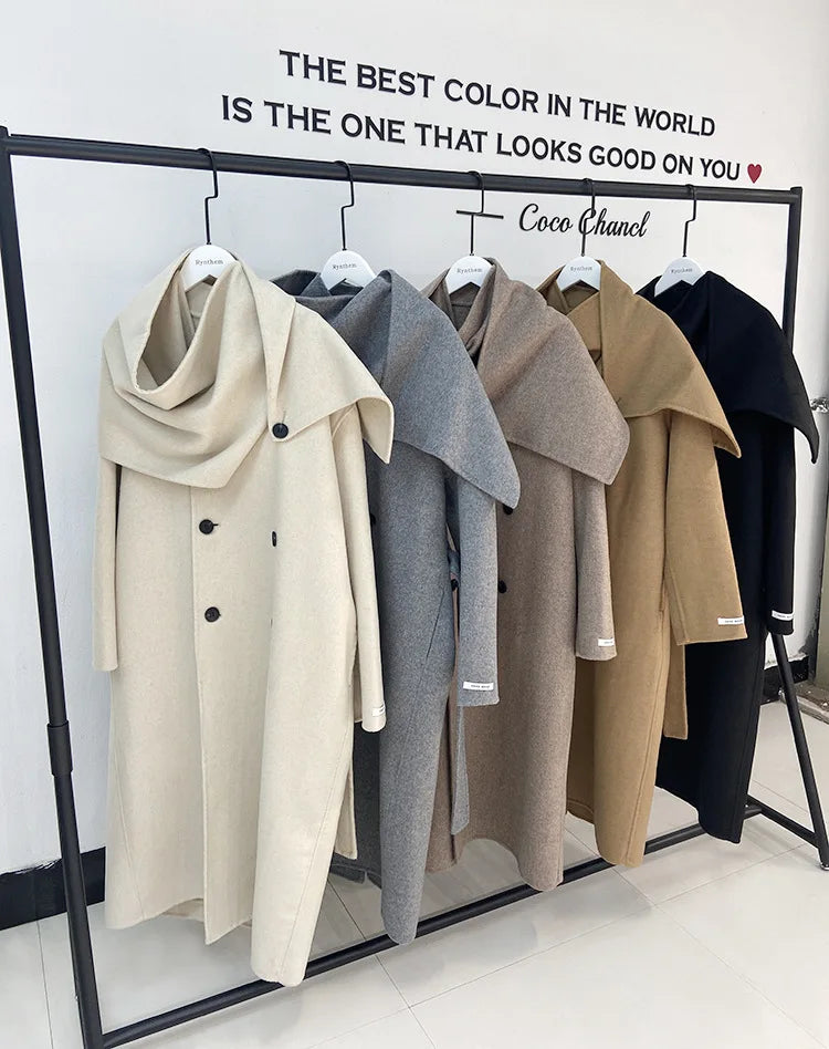 New Hand-sewn Cashmere Wool Coat Women New Mid-length Big Scarf Collar Loose Lace-up Warm Double-sided Wool Coat Fashion Winter