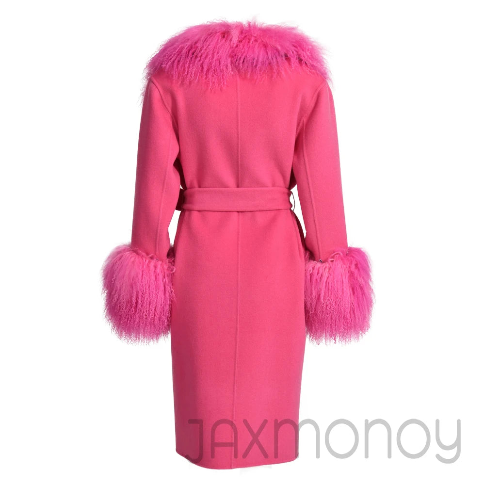 Women Cashmere Wool Coat With Real Mongolian Sheep Fur Collar  Ladies Autumn Winter Fashion Long Outwear Full Sleeve Fur Jacket