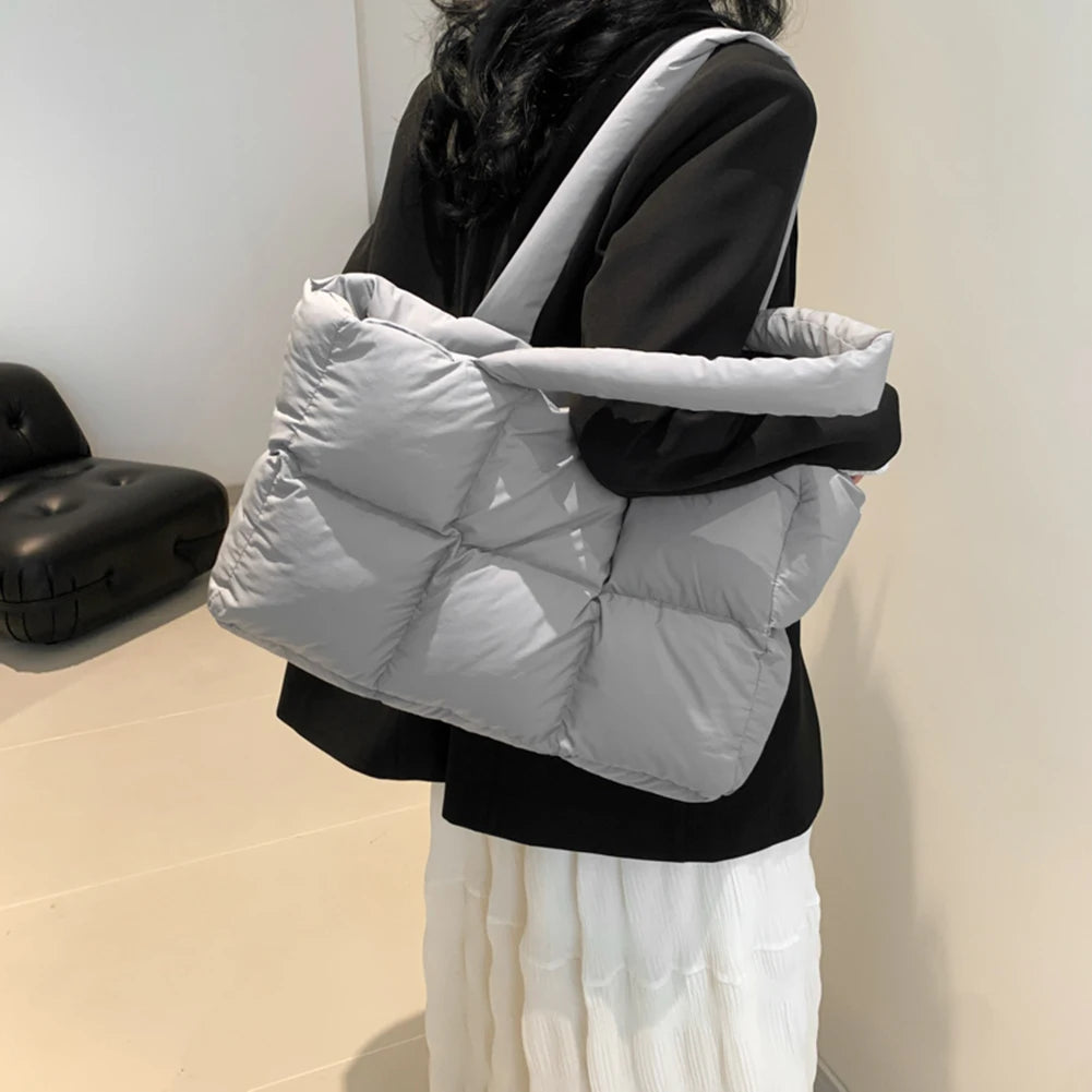 Women Padded Handbag Solid Color Quilted Single Shoulder Bag Large Capacity Soft Cloud Tote Bag Trendy Commuting Bags