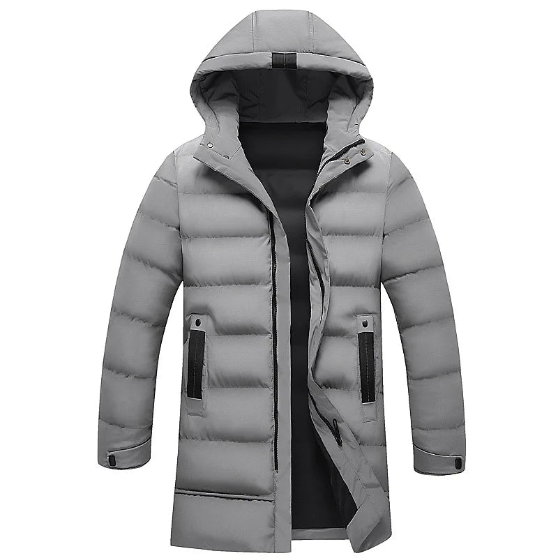 Man Down Jacket Winter Fashion Thicken Solid Color Hooded Male Outerwear Cold-proof Mid Length Long Sleeve Zipper Men Coat