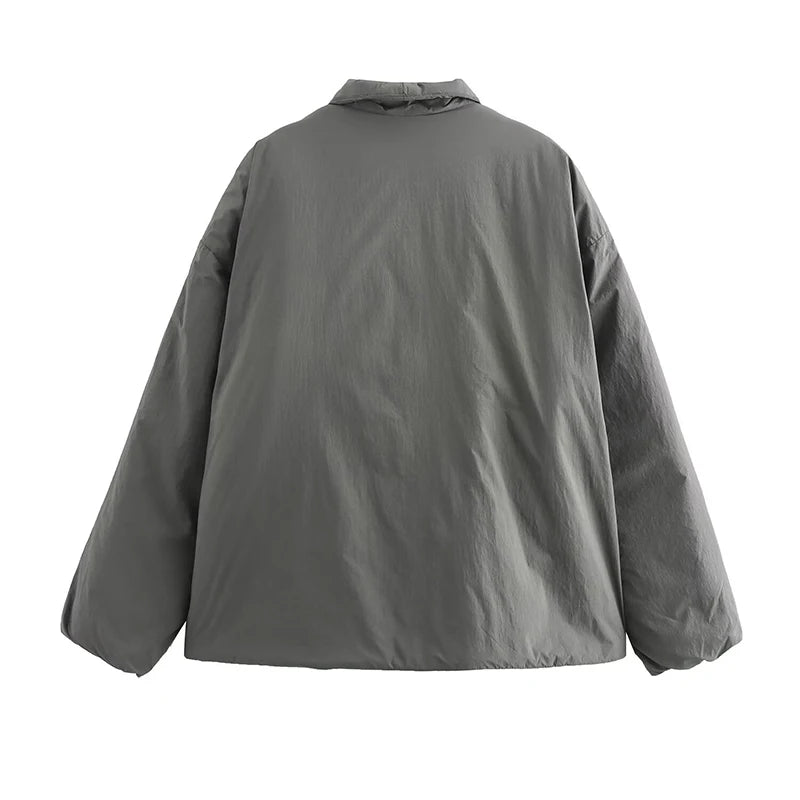 Casual Gray Lace Up Coat Women Cotton V-neck Luxury Pocket 2025 Autumn Thick Jackets Female Chic Street All-match Outwear Tops