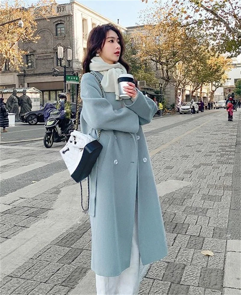100% Wool Coat Women's Wear 2024 Autumn/Winter Fashion Temperament Double sided Cashmere Coats with Belt Elegant Long Overcoat