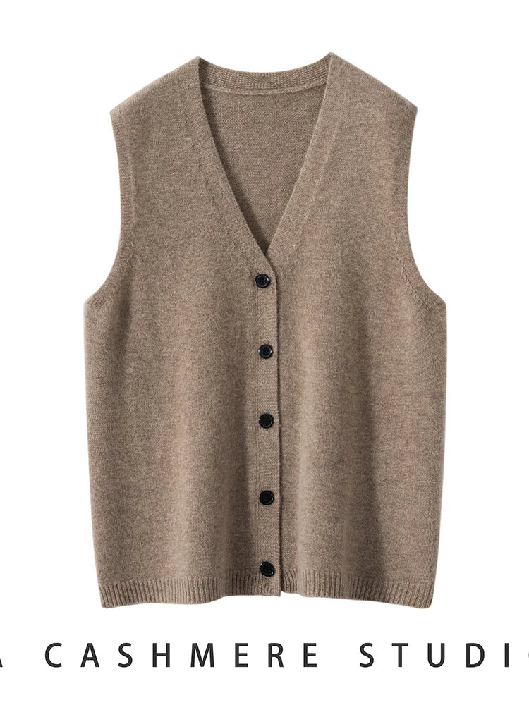Women Cashmere Sweater Waistcoat Cardigans Vests 100% Cashmere Knitwear Autumn Winter Classics Sleeveless V-neck Office Lady Top