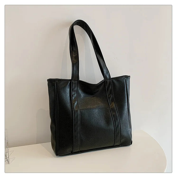 Simple Large Capacity Tote Bags for Women Retro Pu Leather Ladies Shoulder Bag Commuter Portable Girls Student Underarm Handbag