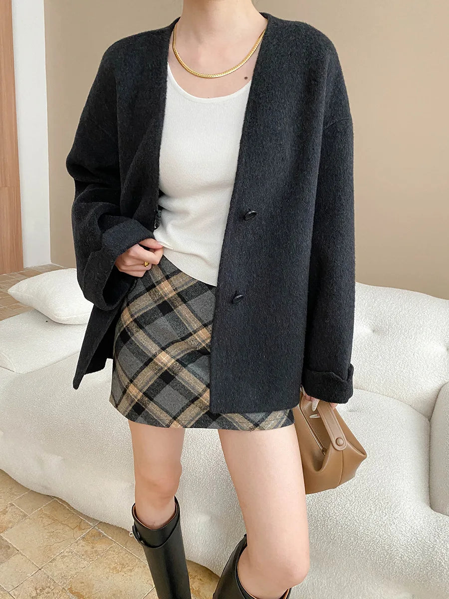 Winter women's casual solid color V-neck double-sided woolen coat jacket