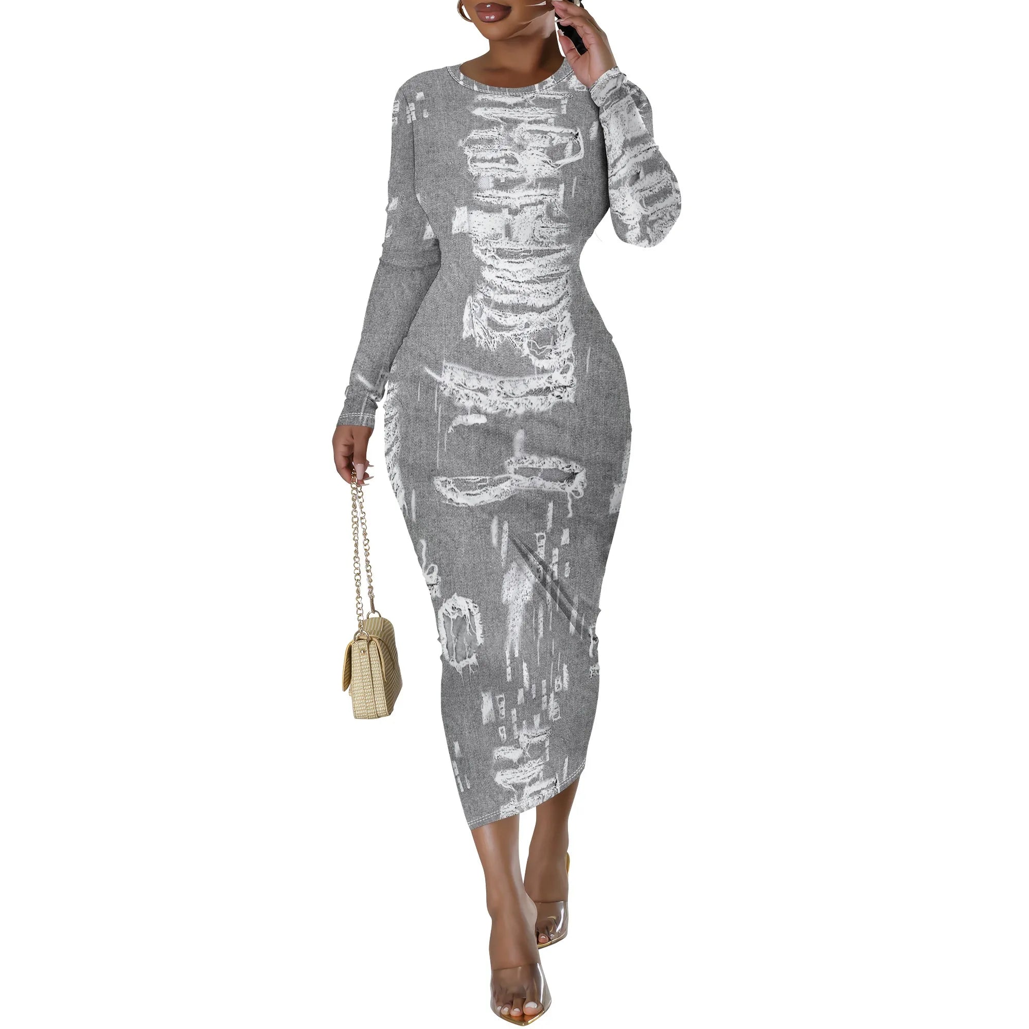 European and American women's fashion temperament casual print slim black dress