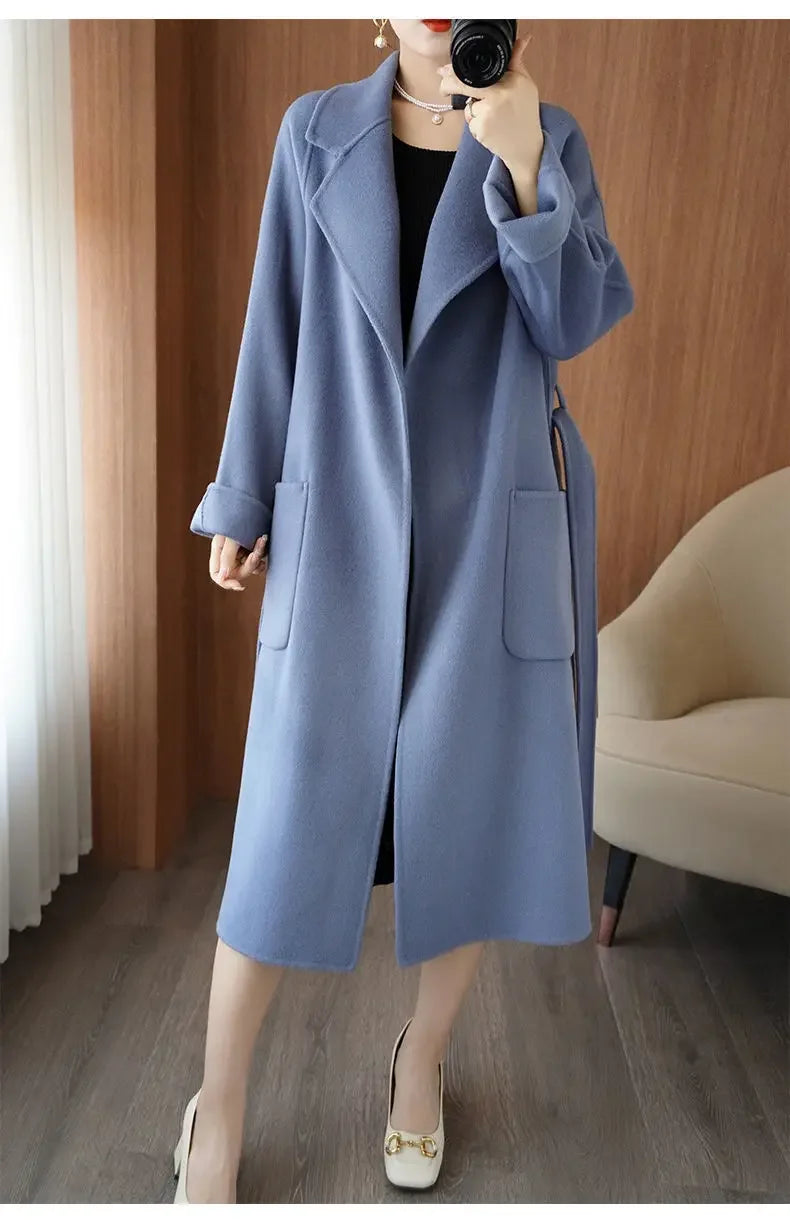 100% Wool Coat Women's Wear 2025 Autumn/Winter Fashion Temperament Double sided Cashmere Coats with Belt Elegant Long Overcoat