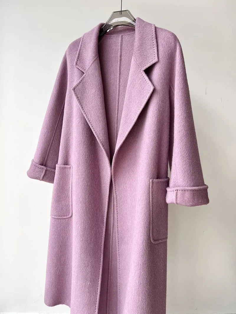 Purple Double-Sided Cashmere Coat For Women In Autumn And Winter, Fashionable And High-End, Loose And Medium Length Coat