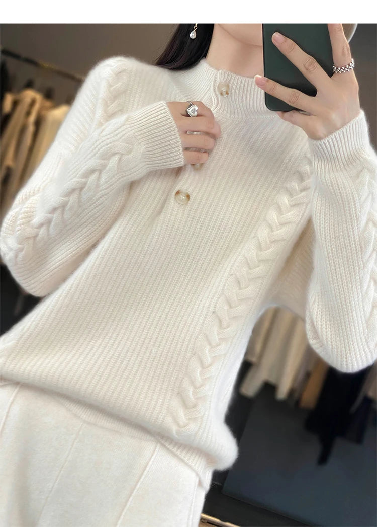 Cashmere Sweater Women's 2023 Autumn/Winter New Knitted Half High Collar Pullover 100% Wool Loose Korean Fashion Luxury Top