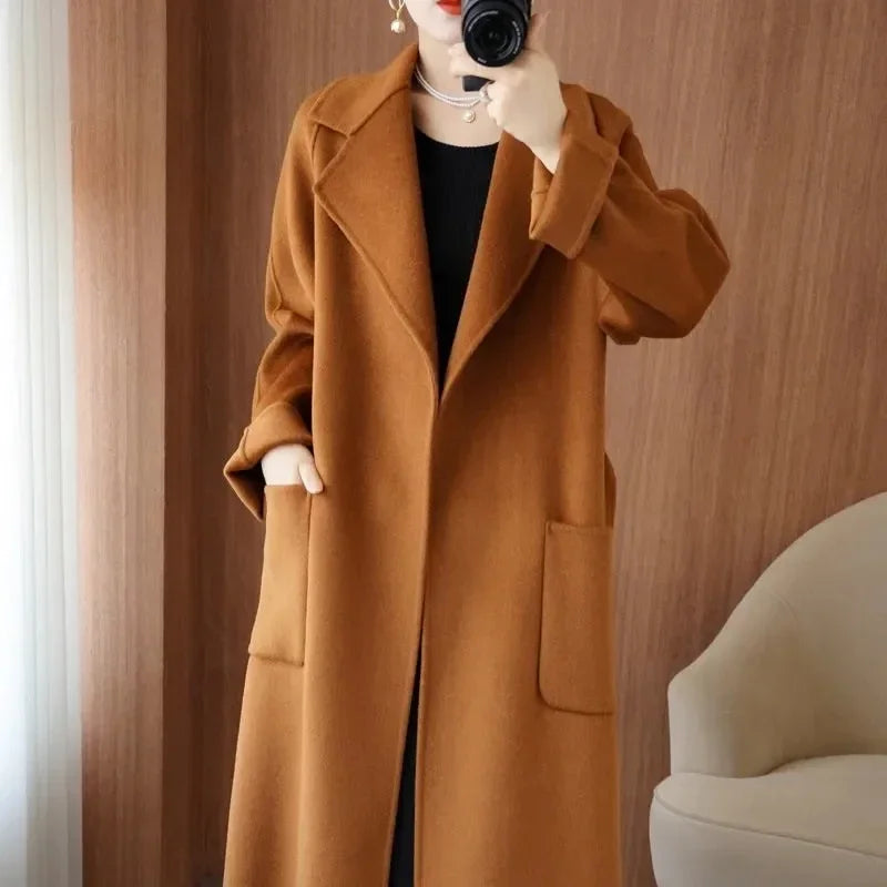 100% Wool Coat Women's Wear 2025 Autumn/Winter Fashion Temperament Double sided Cashmere Coats with Belt Elegant Long Overcoat