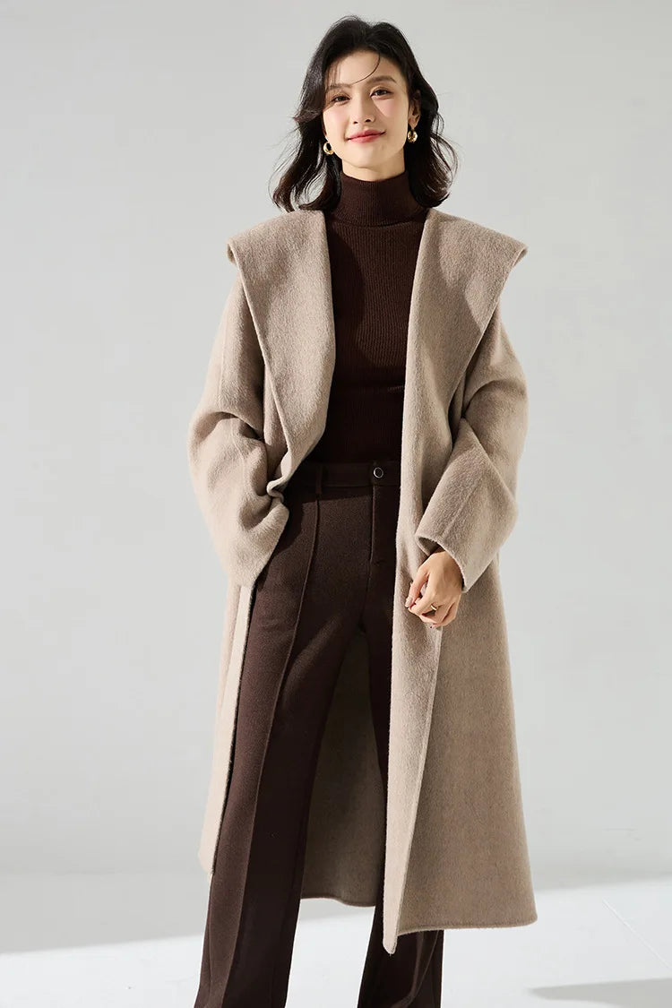 Office Lady Cashmere Woolen Jackets 2024 Autumn And Winter High-Grade Hooded Bathrobe Style Loose Lace-Up Long Women Wool Coats