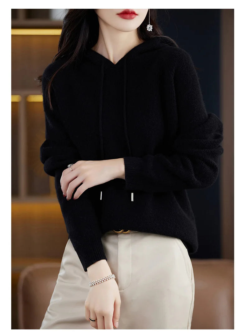 2023 New Cashmere hooded sweater Women Long Sleeve Autumn and Winter Knit hooded Pullover Solid Color Cashmere Base
