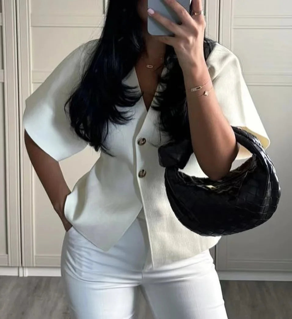 2024 New Autum Women's European and American Style Fashionable Flat-Needle Short-Sleeved V-Neck Knitted Jacket Street Style Top