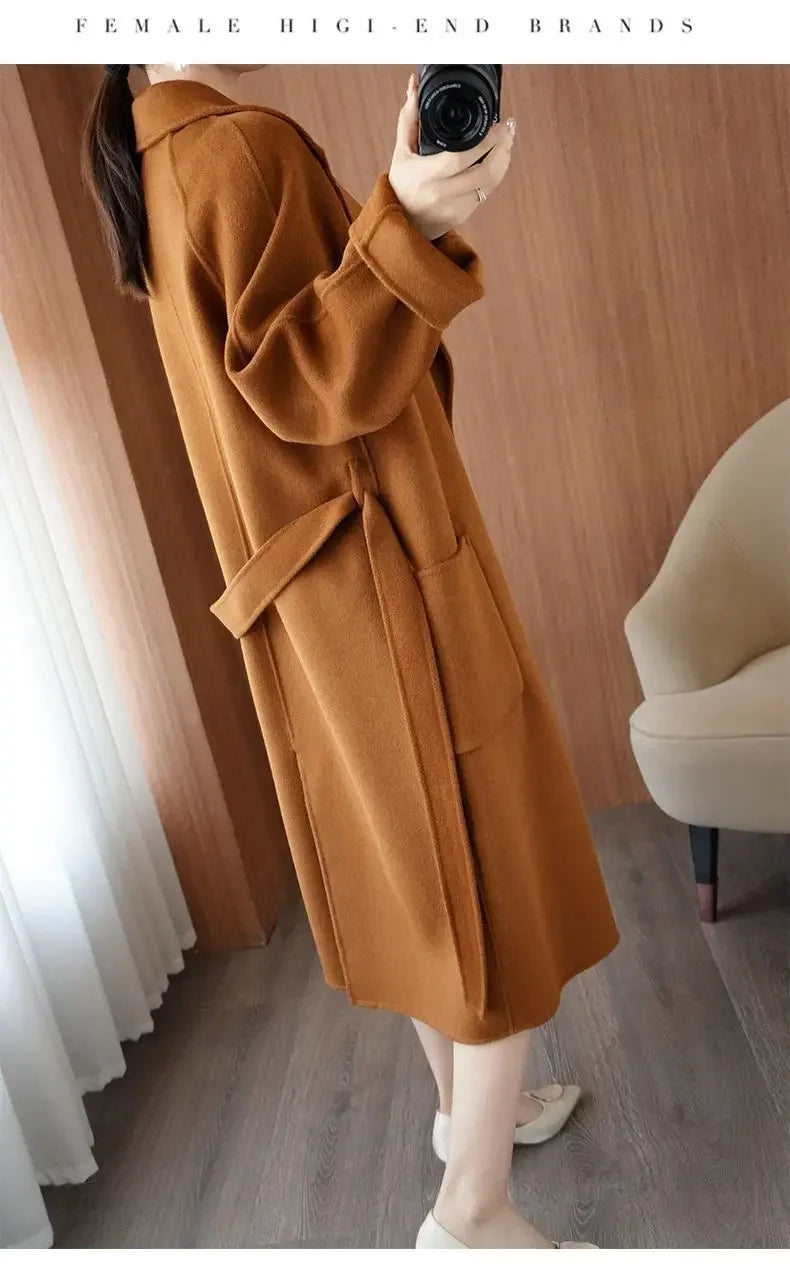 100% Wool Coat Women's Wear 2025 Autumn/Winter Fashion Temperament Double sided Cashmere Coats with Belt Elegant Long Overcoat