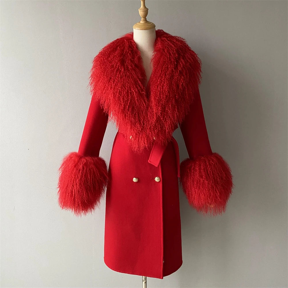 Women Cashmere Wool Coat With Real Mongolian Sheep Fur Collar  Ladies Autumn Winter Fashion Long Outwear Full Sleeve Fur Jacket