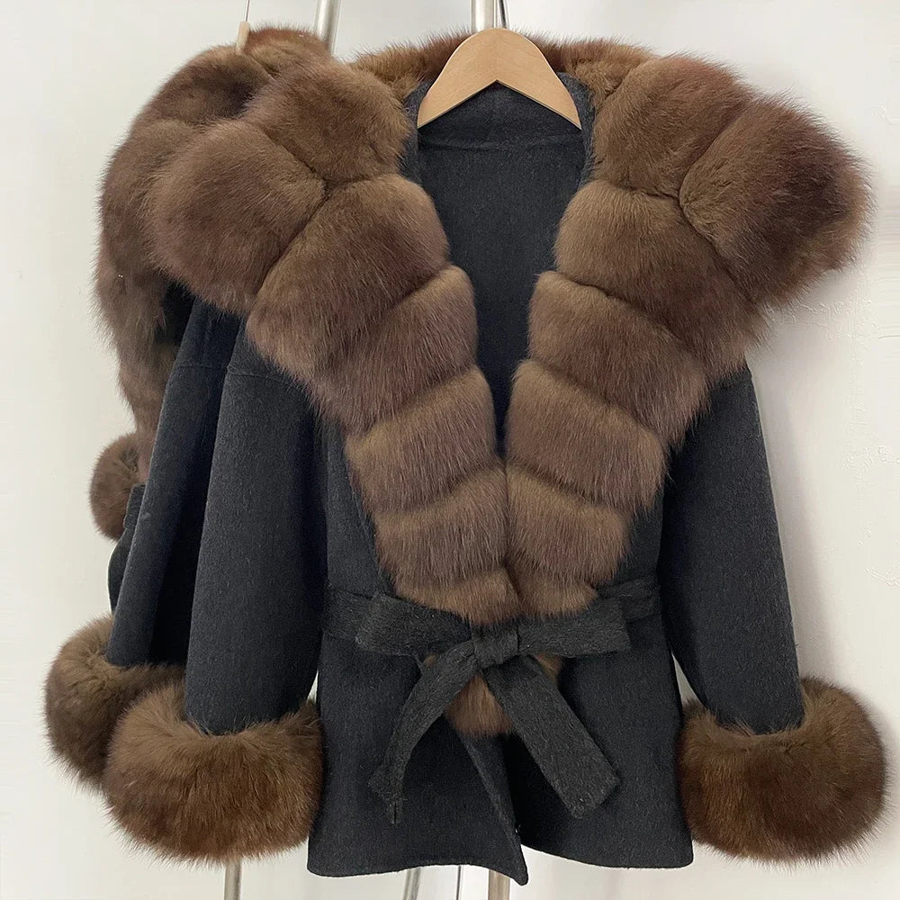 Wool Coat Women Woman New Fashion Winter Autumn Real Fur Jacket Luxury Real Fox Fur Coats Ladies Belt Design Woolen Outwear