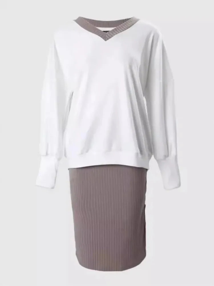 Autumn Winter Casual Loose V-neck Sweatshirt Suit Women's Tight Skirt Long-sleeved Top Two-piece Set New Fashion Holiday Sets