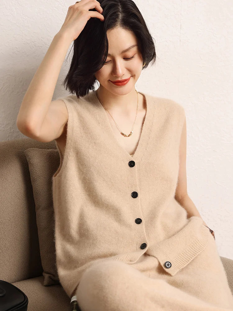 Women Cashmere Sweater Waistcoat Cardigans Vests 100% Cashmere Knitwear Autumn Winter Classics Sleeveless V-neck Office Lady Top