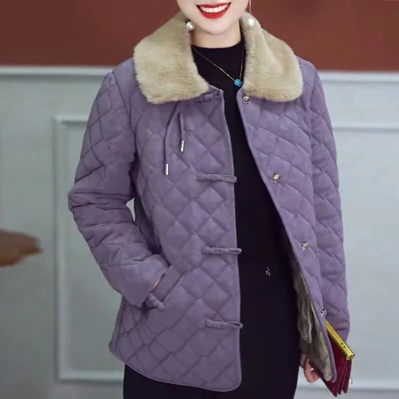 Winter Cotton Coat Women New Female Lapel Warm Parkas Overcoat Cotton-Padded Jacket Quilted Plaid Outerwear