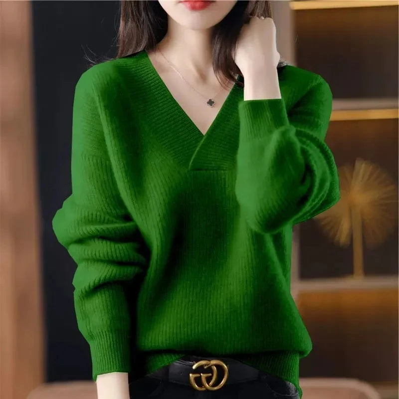 Cashmere Sweater Women's 100% Wool Sweater Fashion V-neck Knitted Pullover 2024 Winter and Autumn New Loose Solid Soft Sweater