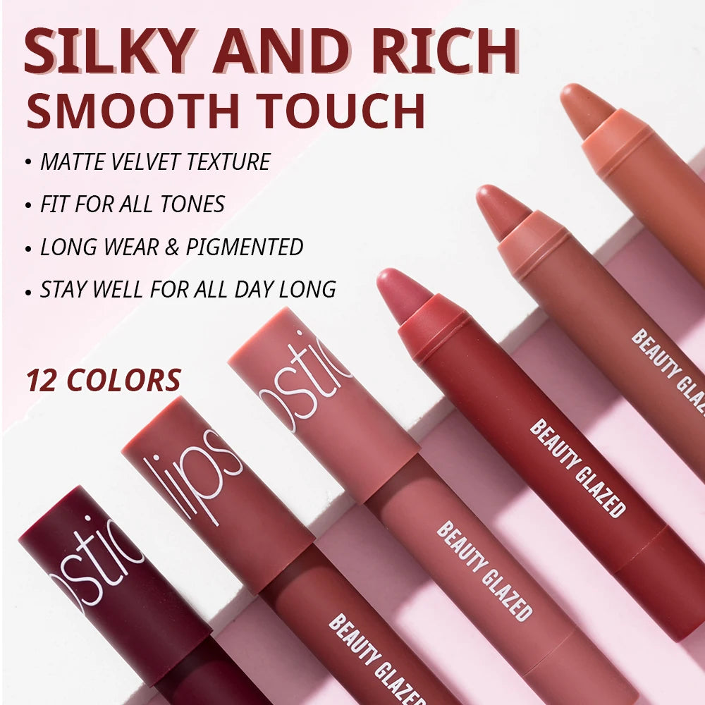 12-Color Matte Waterproof Lipstick Pen - Long-Lasting, Vibrant Berry Tone, Plant-Based Squalane, Smooth Application for All Skin