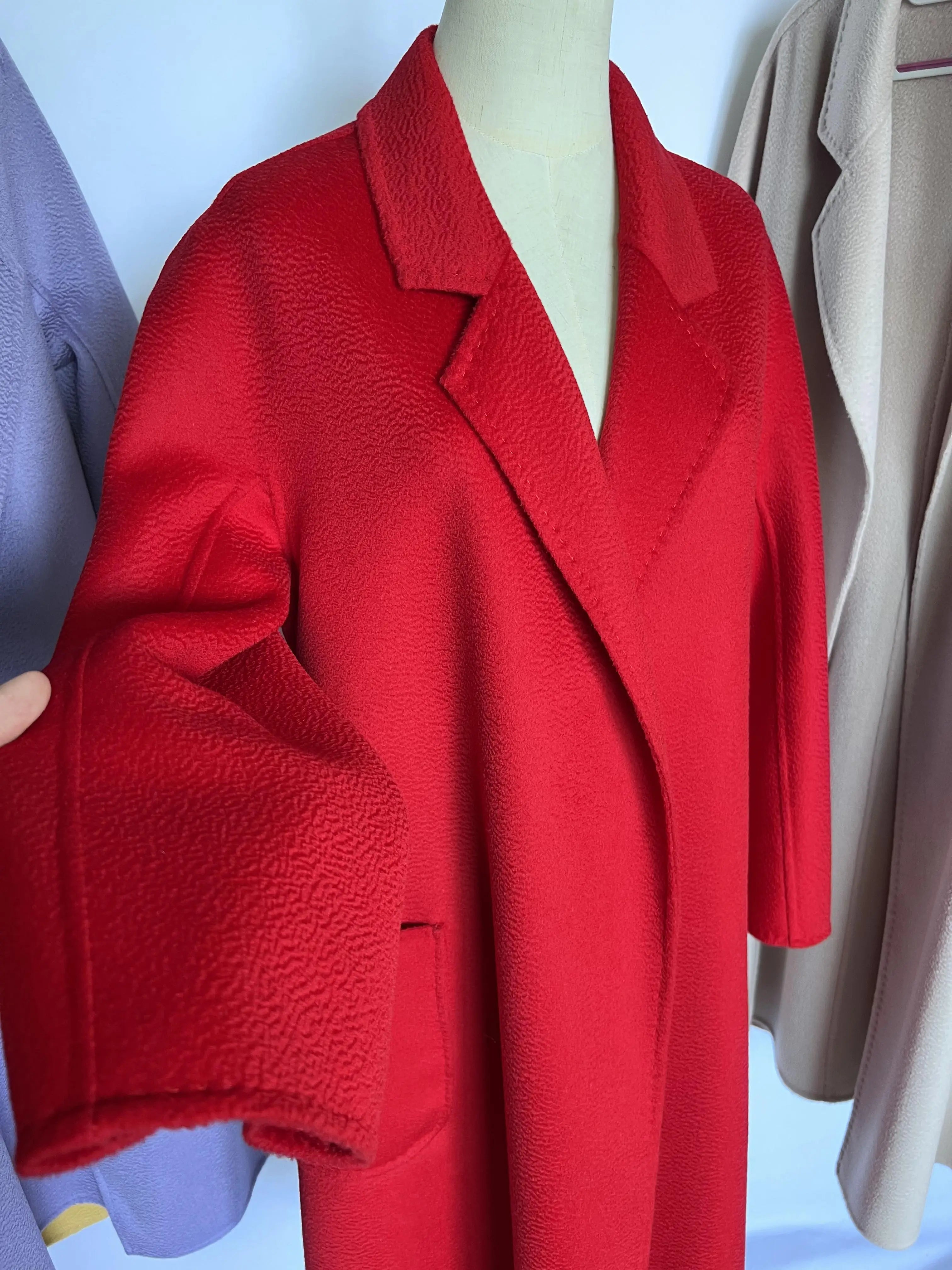 Cashmere Coat Female Winter Mid-Length Corrugated Coat Black Wool Coat Woman Autumn New Casual Fashion Red Beige Lace-Up Coat