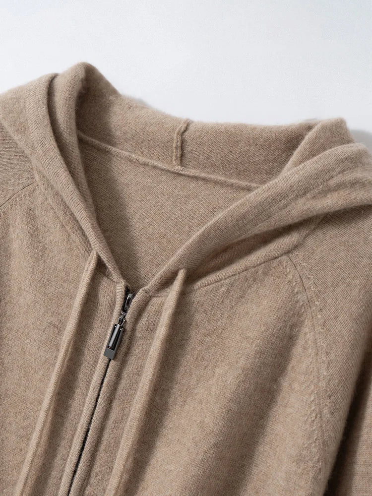 New Women 100% Cashmere Sweater Hooded Zipper Cardigan Cashmere  Autumn Winter Soft Long Sleeve Casual Simple Style Clothing Top