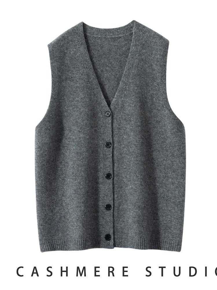 Women Cashmere Sweater Waistcoat Cardigans Vests 100% Cashmere Knitwear Autumn Winter Classics Sleeveless V-neck Office Lady Top