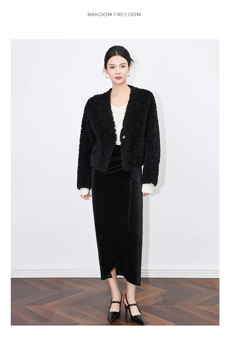 100% Wool Short Jackets for Women 2024 Autumn Winter V Neck Lamb Wool Coat Womens Clothing Fashion Outerwears Casaco Feminino