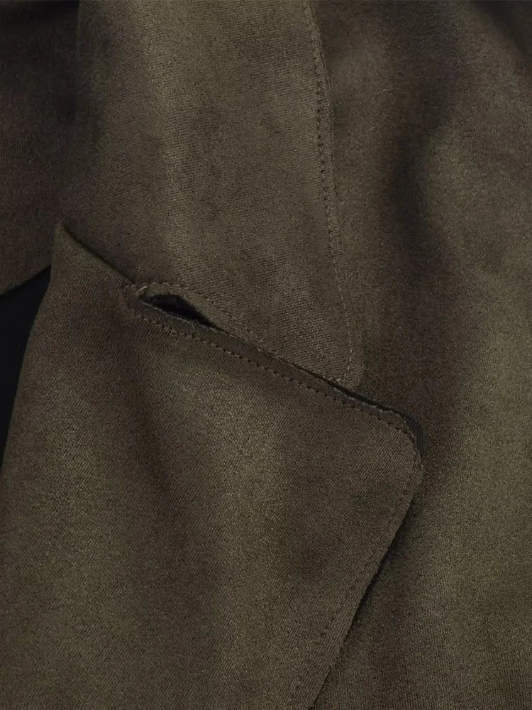 European style new women's fashionable and versatile solid color long trench coat with belt and suede effect.