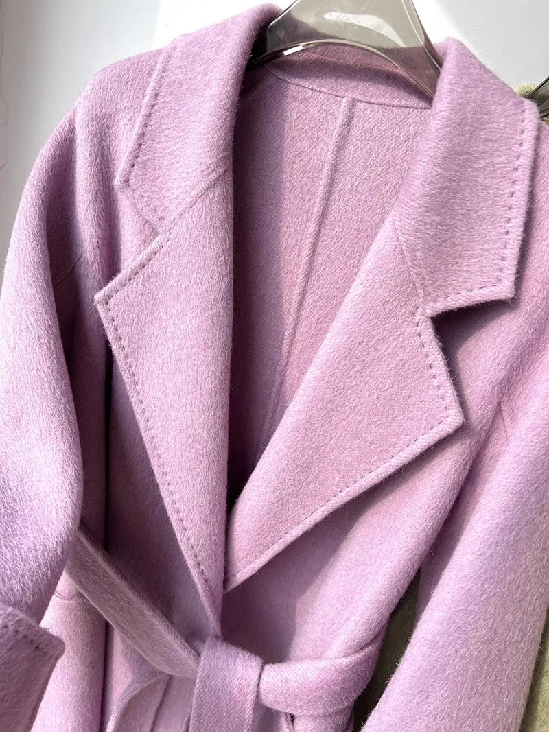 Purple Double-Sided Cashmere Coat For Women In Autumn And Winter, Fashionable And High-End, Loose And Medium Length Coat