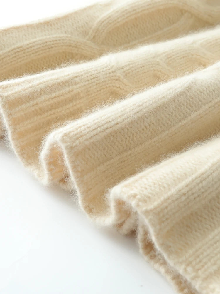 Women 100% Cashmere Sweater Mock Neck Pullover Cable Knitting Vintage Loose Style Thickened Cashmere Knitwear Autumn Winter Tops