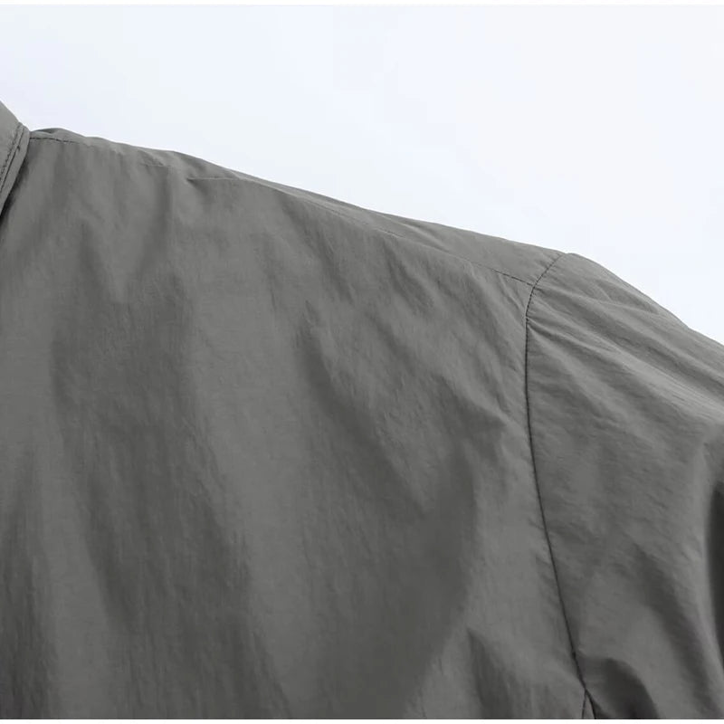 Casual Gray Lace Up Coat Women Cotton V-neck Luxury Pocket 2025 Autumn Thick Jackets Female Chic Street All-match Outwear Tops