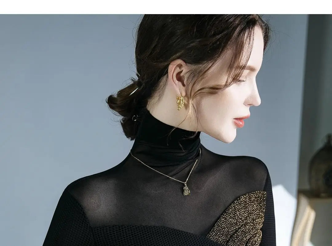 Women's Clothing Sexy See Through Mesh Patchwork Black Basic T-Shirts High Collar Elegant Chic Bright Silk Long Sleeve Slim Tops