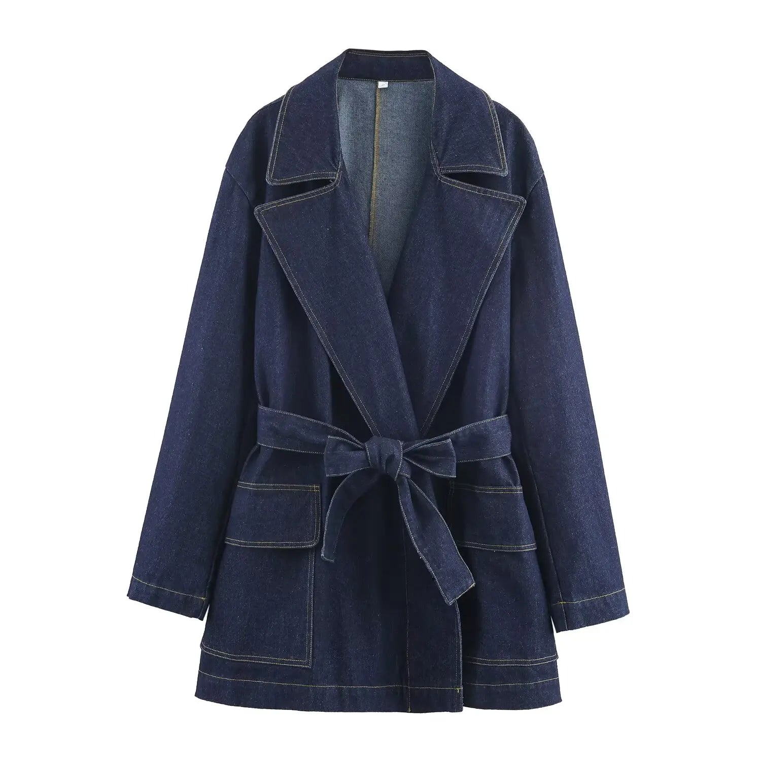 2025 New Women's Fashion Cinched Waist Denim Short Trench Coat Navy Blue Stand Collar Long Sleeve Elegant Ladies' Fashion Appare