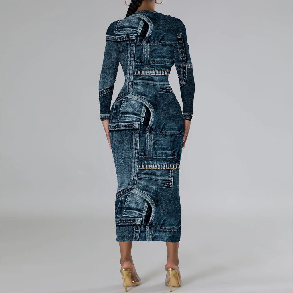 European and American women's fashion temperament casual print slim black dress