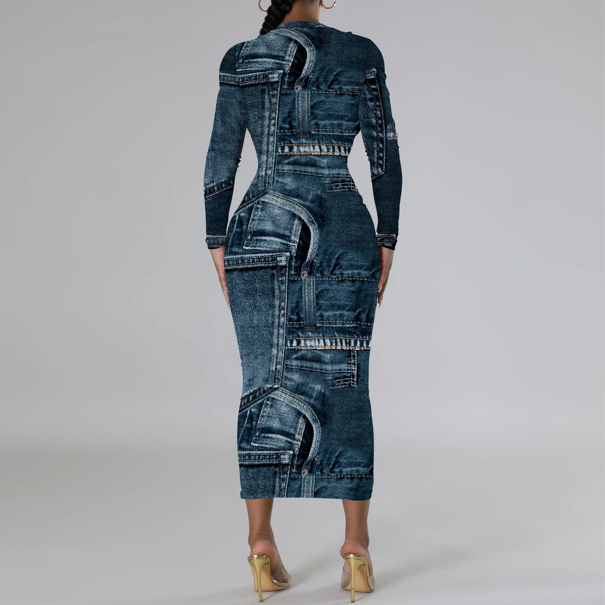 European and American women's fashion temperament casual print slim black dress