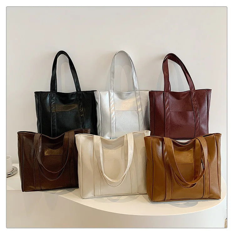 Simple Large Capacity Tote Bags for Women Retro Pu Leather Ladies Shoulder Bag Commuter Portable Girls Student Underarm Handbag